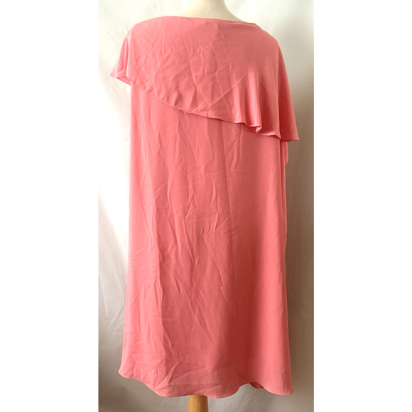 ELISE Coral/Salmon Crape Gauze Lined Asymmetric Calfan Dress Size XL - Picture 2 of 11